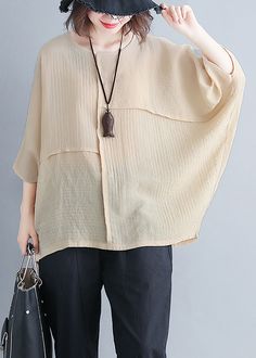 Women o neck Batwing Sleeve patchwork cotton blended clothes For Women Omychic Photography beige yellow Knee shirt Summer How To Have Style, Linen Fashion, Fashion Sewing Pattern, Linen Top, Ladies Dress Design, Cotton Blouses, Batwing Sleeve, Bat Wings, Blouse Styles