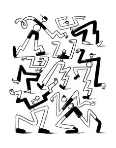 an abstract drawing of people running and jumping in the air with their hands on their hipss