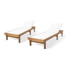 two chaise lounges with white cushions on each side and wood legs, one in the foreground