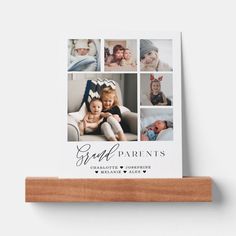 a wooden shelf holding a card with photos on it and the words great children written in black