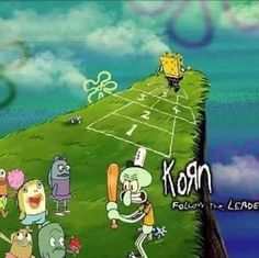 cartoon characters are playing tennis on a hill with clouds in the sky and an ocean behind them