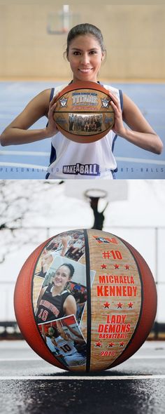 a woman holding a basketball in front of her face and another photo with the same image on it