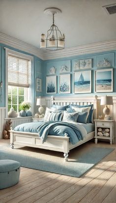 a bedroom with blue walls and pictures on the wall