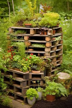 a pile of wooden pallets filled with plants