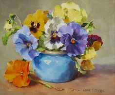 an oil painting of pansies in a blue vase