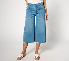 Your love for denim doesn't have to disappear during summery weather. Fashioned in an Easy Stretch fabric that won't restrict your movements, these leg-bearing gauchos are geared up for any sunny-season sitch. Their raw-edge hem is giving allll the laid-back feels. From Denim & Co.® Fashions. Wide Leg Jeans With Frayed Hem For Day Out, Spring Relaxed Fit Flare Jeans With Side Pockets, Spring Flare Jeans With Relaxed Fit And Side Pockets, Spring Flare Jeans With Patch Pockets In Dark Wash, Bottoms With Side Pockets And Straight Leg For Spring, Relaxed Fit Bottoms With Side Pockets For Spring, Straight Leg Bottoms With Side Pockets For Spring, Spring Relaxed Fit Bottoms With Side Pockets, Spring Dark Wash Flare Jeans With Patch Pockets