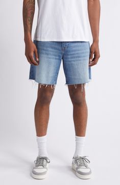 Perfectly faded cotton denim brings instant old-favorite status to shorts that are chopped off above the knees for a relaxed, easy-wearing look. 7 1/2" inseam; 25" leg opening; 12" front rise; 16" back rise (size 33) Zip fly with button closure Five-pocket style 80% regenerative cotton, 20% recycled cotton Machine wash, dry flat Imported Medium Wash Cutoff Shorts With Five Pockets, Light Wash Straight Leg Shorts With Frayed Hem, Washed Blue Jean Shorts, Washed Blue Shorts With Five Pockets, Medium Wash Jean Shorts With Frayed Hem, Light Wash Cutoff Shorts With Five Pockets, Distressed Straight Leg Cotton Shorts, Light Wash Shorts With Five Pockets, Relaxed Fit Cotton Ripped Jean Shorts