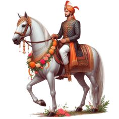 a man riding on the back of a white horse next to flowers and greenery