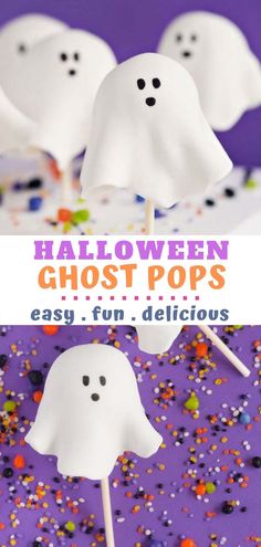 halloween ghost pops with sprinkles on them and the title overlay reads, halloween ghost pops easy - fun delicious