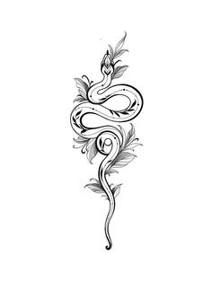 a black and white drawing of a snake with leaves on it's back side