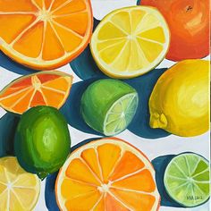 an oil painting of lemons, limes and oranges