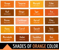 the names and colors of paint samples in shades of orange, red, yellow, brown