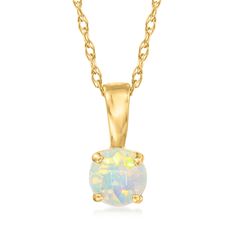 Ross-Simons - Opal Pendant Necklace in 14kt Yellow Gold. 18". RS Pure. Modern designs that complete your outfit and complement your personality. Create unique layers with this dainty necklace. Crafted in polished 14kt yellow gold, the 4mm opal pendant suspends from a simple rope chain. Springring clasp, opal pendant necklace. Opal birthstones are the perfect gift for October birthdays. Dainty Opal Necklace, October Birthdays, Opal Birthstone, Necklace Opal, Opal Pendant Necklace, Yellow Gold Jewelry, Jewelry Essentials, Opal Pendants, Opal Necklace