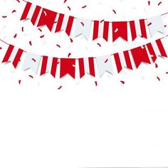 red and white streamers with confetti falling from them on a white background