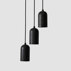 three black pendant lights hanging from a ceiling