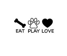 a dog paw, bone and heart with the words eat play love in black on a white background