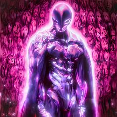 an alien standing in front of a purple background