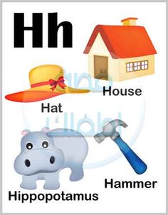 an image of the letter hh with animals and hats on it's head