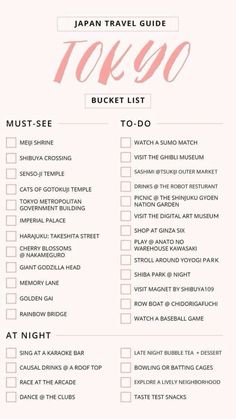 the japan travel guide to go bucket list is shown in pink and white with text overlay