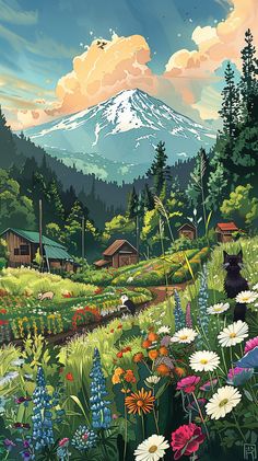 a painting of a mountain scene with wildflowers in the foreground and a cabin on the other side