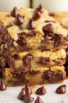 chocolate chip cookie bars stacked on top of each other