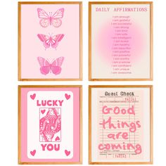 four pink cards with different sayings on them