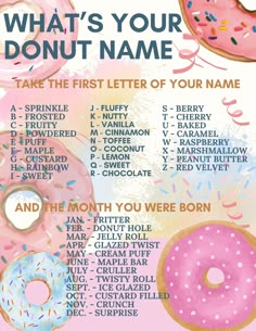 a poster with donuts on it that says, what's your donut name?