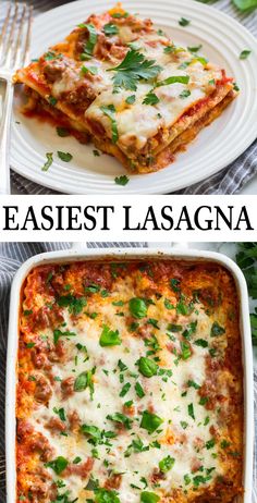 two pictures of lasagna casserole with meat, cheese and herbs on top