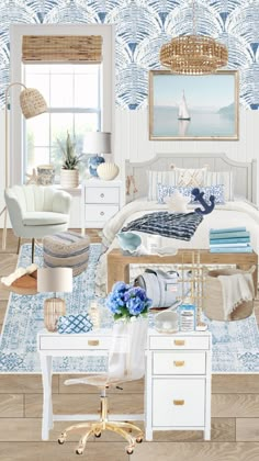 a bedroom with blue and white decor in it