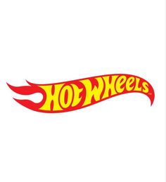 a hot wheels sticker is shown on the back of a white background with red and yellow flames