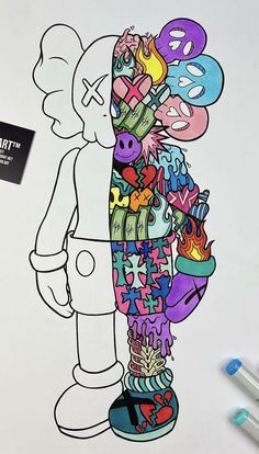 an image of a cartoon character with many things in his hand and some markers on the table