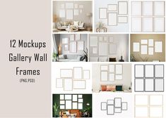 12 mockup gallery wall frames in various sizes and colors with text overlaying them