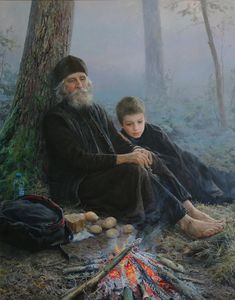 a painting of a man and boy sitting next to a campfire