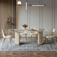 a dining room table with chairs and a vase on the top, in front of a white rug