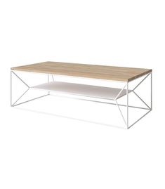 a white coffee table with wooden top and metal frame legs, on a white background