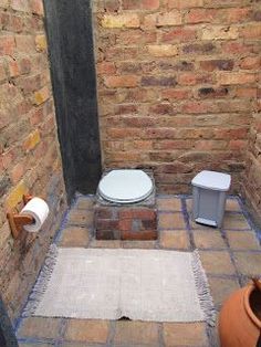 a toilet sitting in the middle of a bathroom next to a brick wall with a rug on it