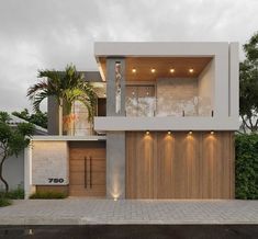 a modern house with wooden garage doors