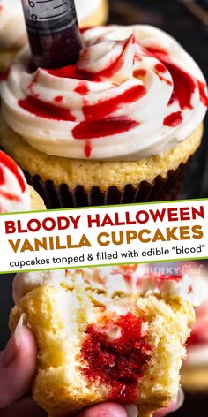 These bloody cupcakes are a delicious way to celebrate Halloween. Moist vanilla cupcakes, smooth vanilla buttercream, and the homemade fake blood really sets the spooky mood! #Halloween #cupcakes #baking Halloween 21st Birthday Cake, Vanilla Halloween Cupcakes, Boozy Halloween Cupcakes, Halloween Cupcake Flavors, Horror Cupcakes, Halloween Cupcake Recipes, Halloween Cupcakes Ideas, Edible Blood, Halloween Muffin