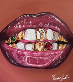 a painting of a woman's mouth with gold and diamond rings on her teeth