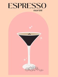 a martini glass sitting on top of a pink background with the words, espresso martini