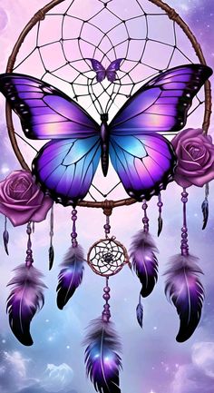 a purple and blue butterfly sitting on top of a dream catcher with roses in it