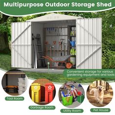 the multi purpose outdoor storage shed is shown with instructions for different types of storage and tools