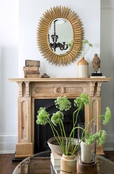 a living room filled with furniture and a fire place covered in plants on top of a glass table