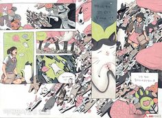 an image of a comic strip with cats and people in it, all surrounded by cartoon characters