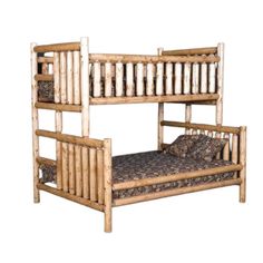 a wooden bunk bed sitting next to a pillow