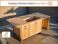 an outdoor kitchen island with built in cupboards on the floor and under construction text reads, outdoor kitchen island build plan