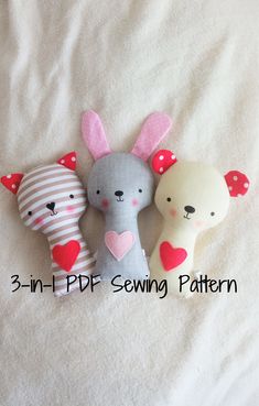 three stuffed animals laying next to each other on a white sheet with the words 3 - in - 1 pdf sewing pattern