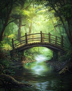 a painting of a bridge over a stream in the woods with sunlight streaming through the trees