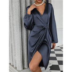 -Item Id 24392007 -Details: Wrap -Neckline: V Neck -Sleeve Type: Bishop Sleeve -Style: Elegant -Type: Fitted -Waist Line: High Waist -Hem Shaped: Wrap -Color: Navy Blue -Pattern Type: Plain -Sleeve Length: Long Sleeve -Fit Type: Regular Fit -Length: Midi -Material: Satin -Composition: 100% Polyester -Care Instructions: Machine Wash Or Professional Dry Clean -Sheer: No -Fabric: Non-Stretch **Open To Offers!!!** **Bundle To Save More** **30% Off Bundles Of 2 Or More Items!!** ***Orders Go Out With Chic Blue V-neck Dress For Fall, Chic Blue Long Sleeve V-neck Dress, Blue Surplice Neckline Midi Dress For Party, Blue Midi Dress With Surplice Neckline For Parties, Blue Surplice Neckline Midi Dress For Evening, Blue Midi Dress With Surplice Neckline For Evening, Elegant Blue V-neck Dress For Date Night, Elegant Blue Long Sleeve V-neck Dress, Elegant Blue V-neck Long Sleeve Dress