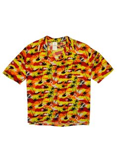 an orange and yellow hawaiian shirt with palm trees on the front, in white background